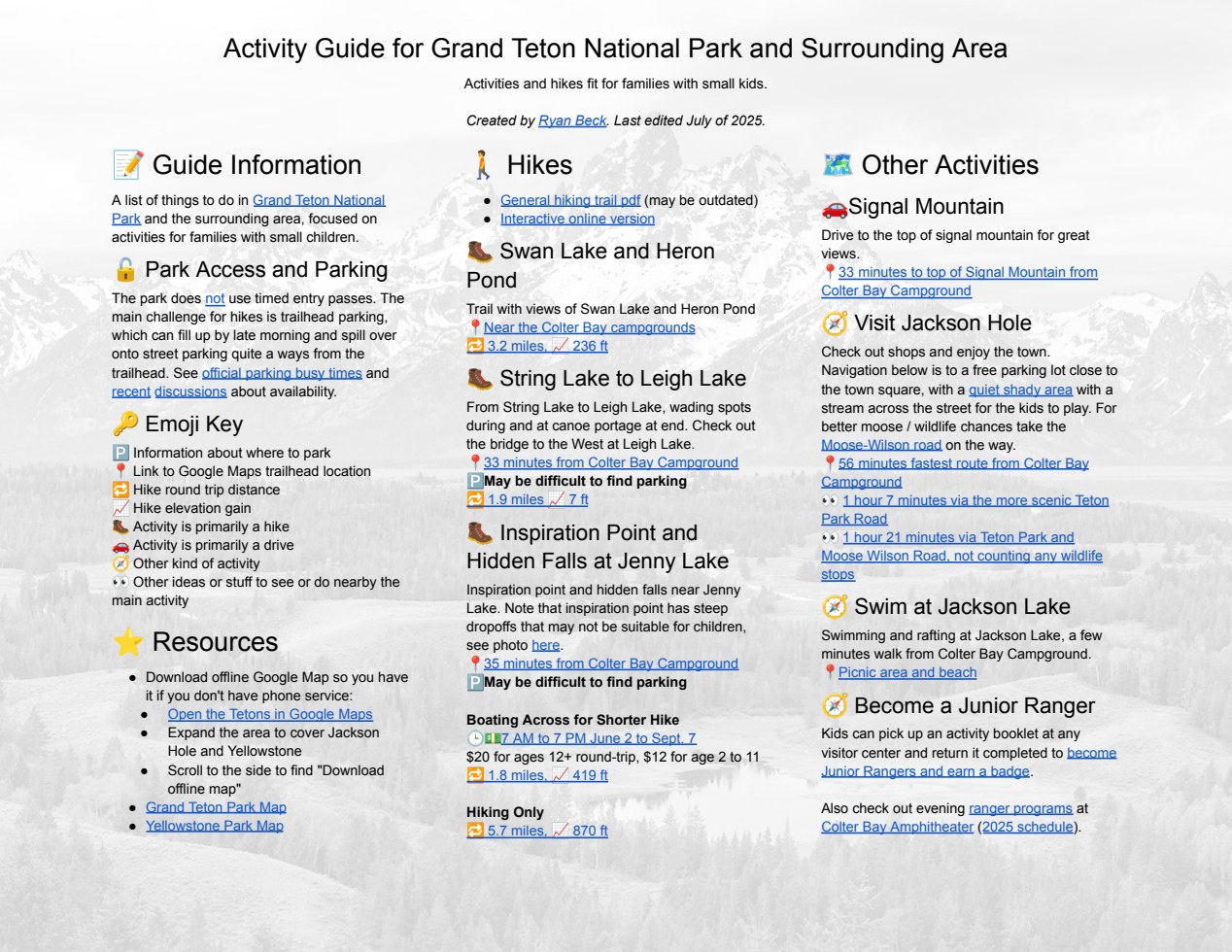 First page of the Grand Teton National Park activity guide