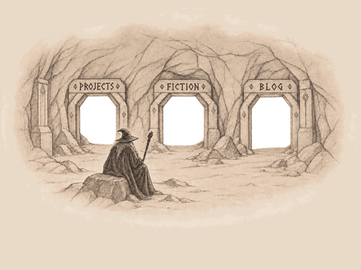 A wizard sits before three carved stone doorways labeled Projects, Fiction and Blog.